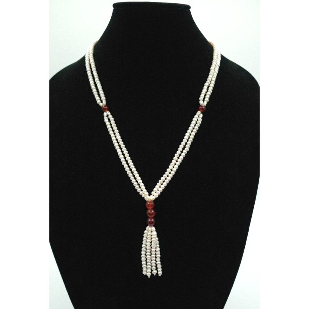 Vintage Pearl & Garnet Tassel Lariat Necklace With Elegant Multi Strand Design - Picture 1 of 5